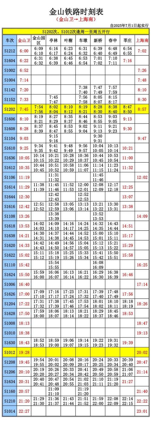 上海金山卫到上海南站时刻表