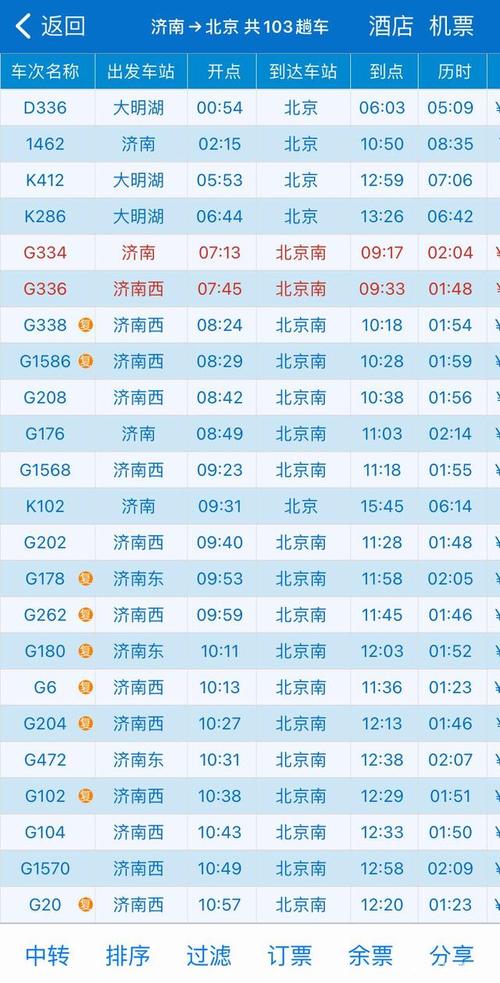 北京到济南高铁时刻表查询