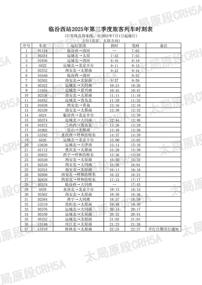 北京到临汾高铁时刻表查询