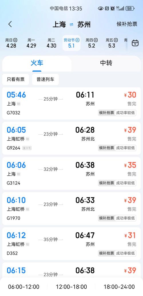 上海站到苏州站火车时刻表