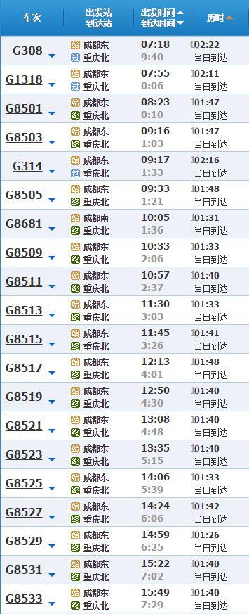 成都北站到都江堰动车时刻表