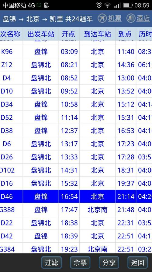北京到盘锦北动车时刻表