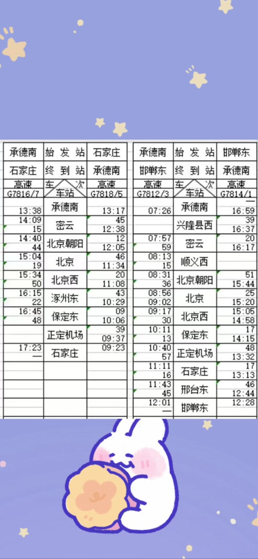 北京到石家庄火车时刻表