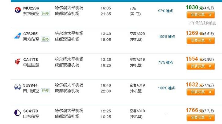 哈尔滨到成都的飞机票查询