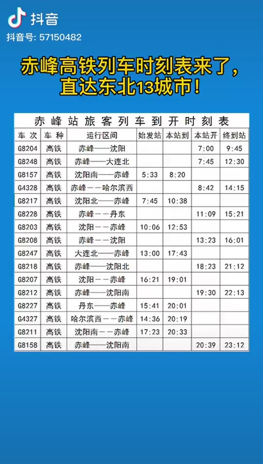 北京到赤峰的火车时刻表