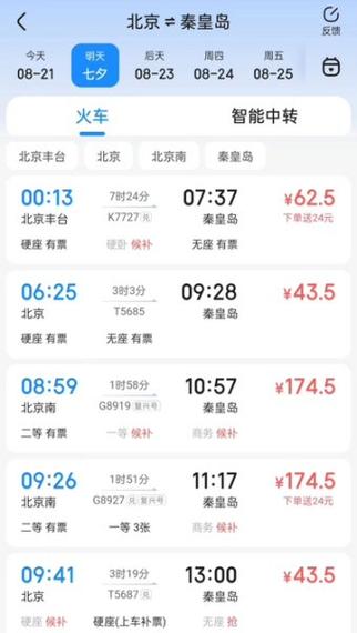 秦皇岛到北京火车时刻表