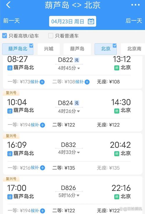 葫芦岛到北京火车时刻表