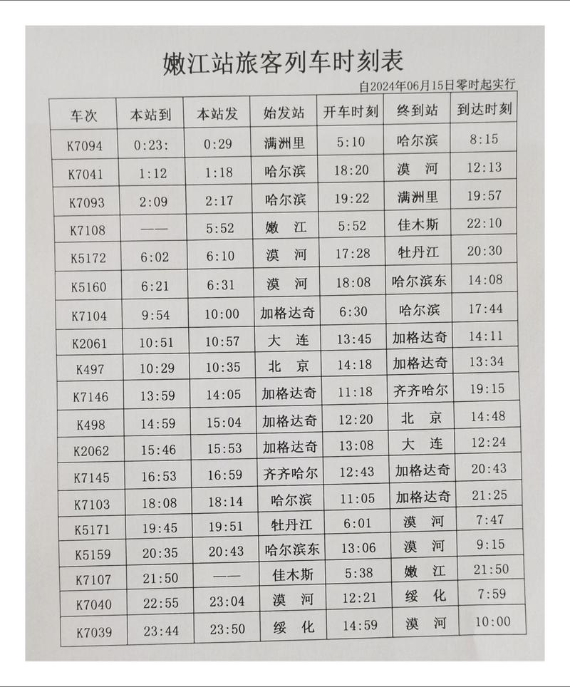 北京到嫩江火车时刻表