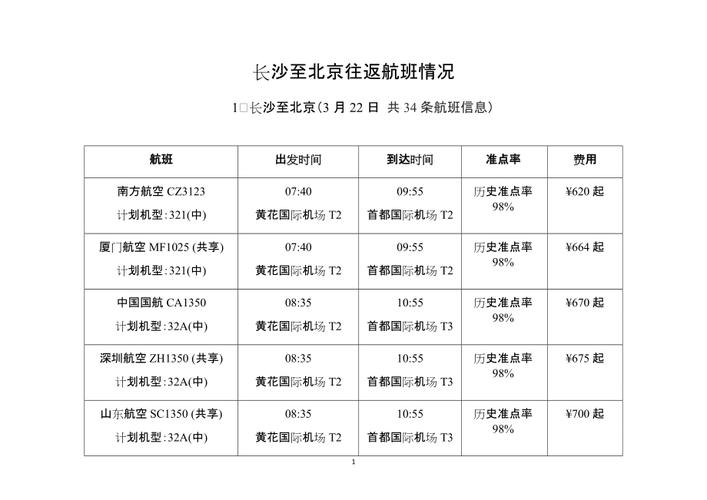 长沙到北京航班时刻表
