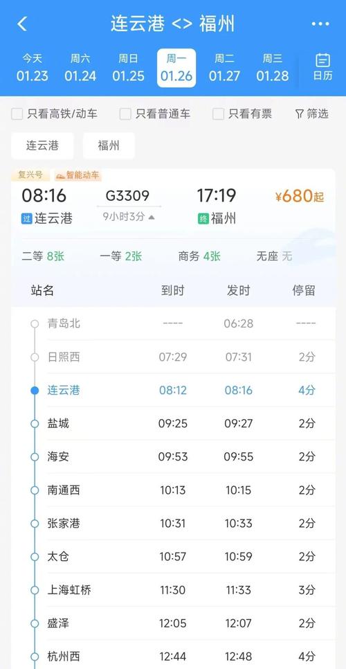 福州至上海高铁时刻表