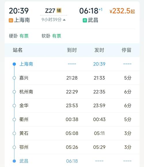 上海到汉口动车时刻表